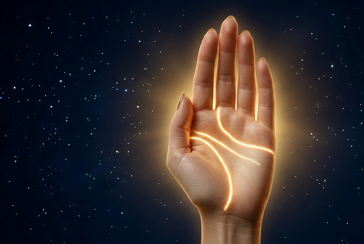 Mano estilizada con palma iluminada en tonos claros y chispas doradas